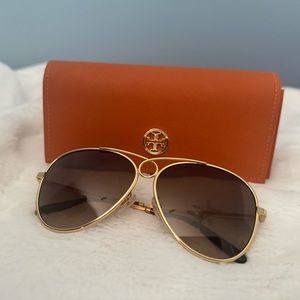 Tory Burch Women's 59mm Gold Sunglasses & Hard Shell Gold Logo.
